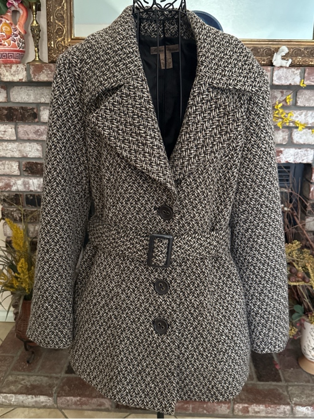 Marisa Christina Pea Coat M Belted Jacket Brown Cream Wool Tweed Dark Academia